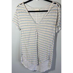 t.la Striped Short Sleeve V-Neck T-Shirt Womens XS Button Detail Shoulders